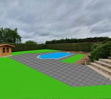1ER GET DE LA FUTUR DECO, terrasse grès cérame de 0.60 x 0.60 x 0.20 + une partie en pelouse artificielle cote droit de la piscine face a l'escalier, et tous le reste en pelouse naturel
