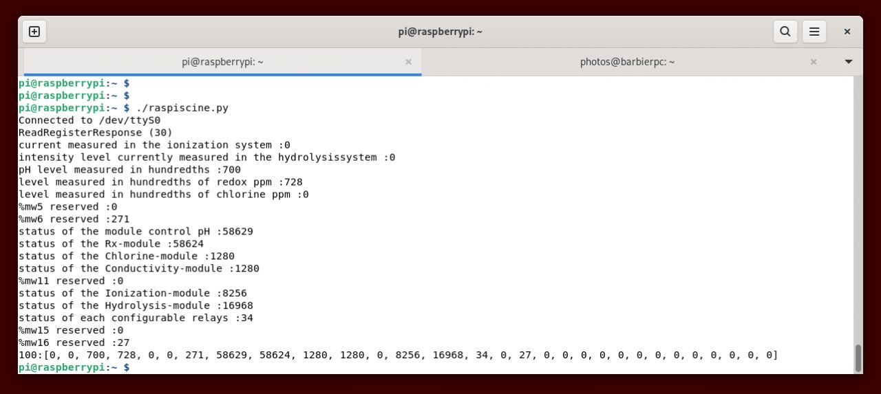 Shell raspberry de lecture des registres de l'hidrolife